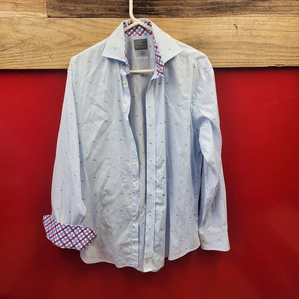 Thomas Dean Men's Light Blue Striped Paisley Pattern Long Sleeve Button-Up L